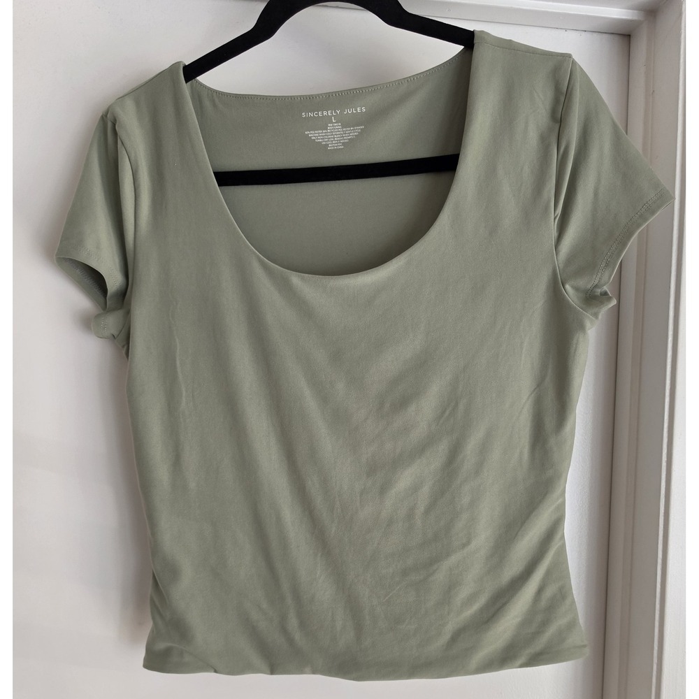 Sincerely Jules T-Shirt Women L Green Solid Scoop Neck Short Sleeve Casual Top